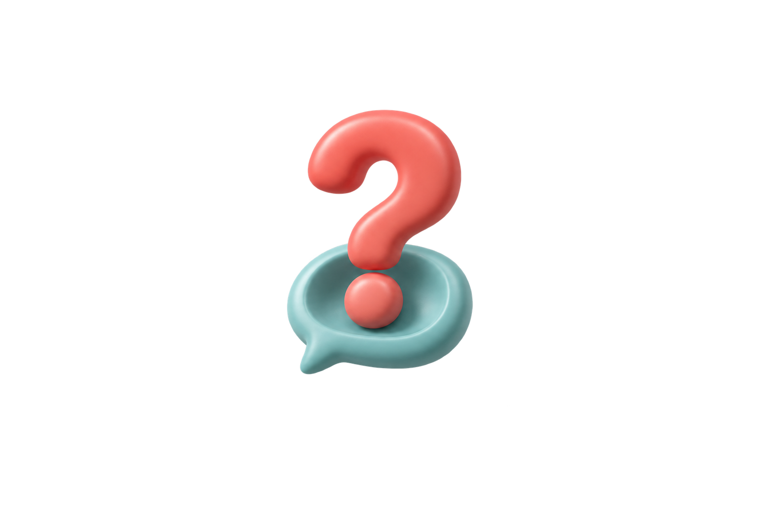 3D coral question mark above a teal comment bubble