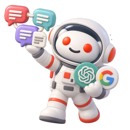 REDComments astronaut holding connected Reddit comment bubbles with AI and search badges