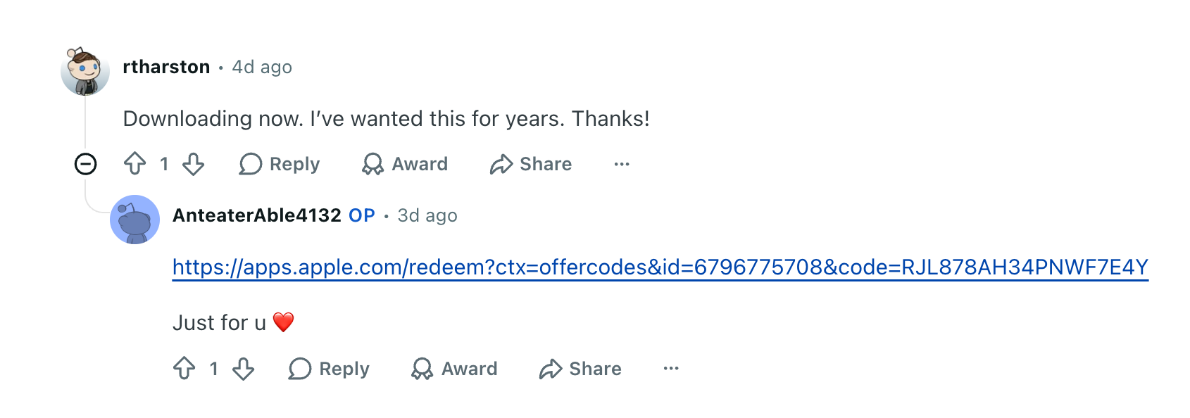 Reddit conversation about downloading an app with a reply from its creator