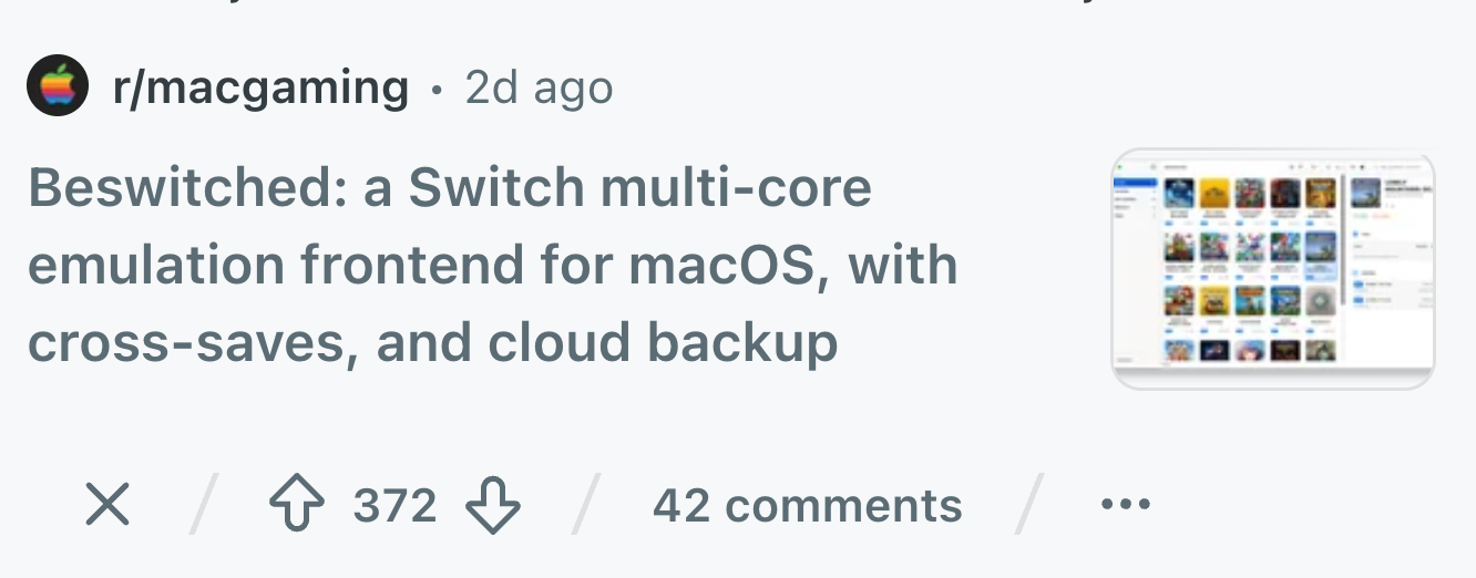 Reddit post in r/macgaming introducing Beswitched for macOS