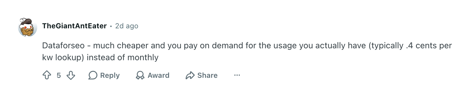 Reddit comment discussing usage-based DataForSEO pricing