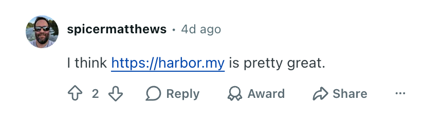 Reddit comment recommending Harbor