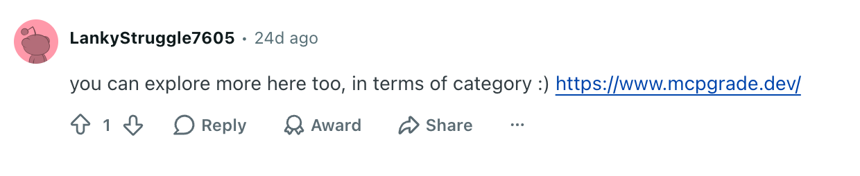 Reddit comment linking to the MCPGrade directory
