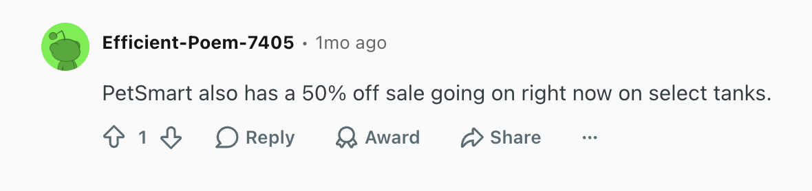 Reddit comment discussing a PetSmart tank sale