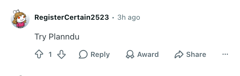 Reddit comment suggesting Planndu