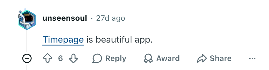 Reddit comment recommending the Timepage app