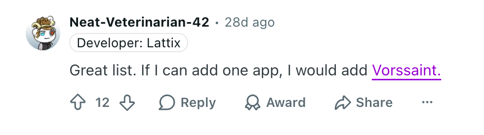 Reddit comment suggesting Vorssaint for an app list